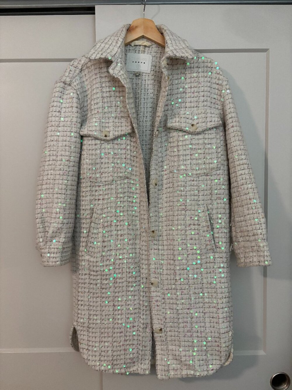 BLANK NYC tweed sequin shirt jacket, Cream XS